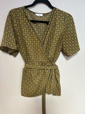 Yellow & Green Floral Geometric Wrap Top